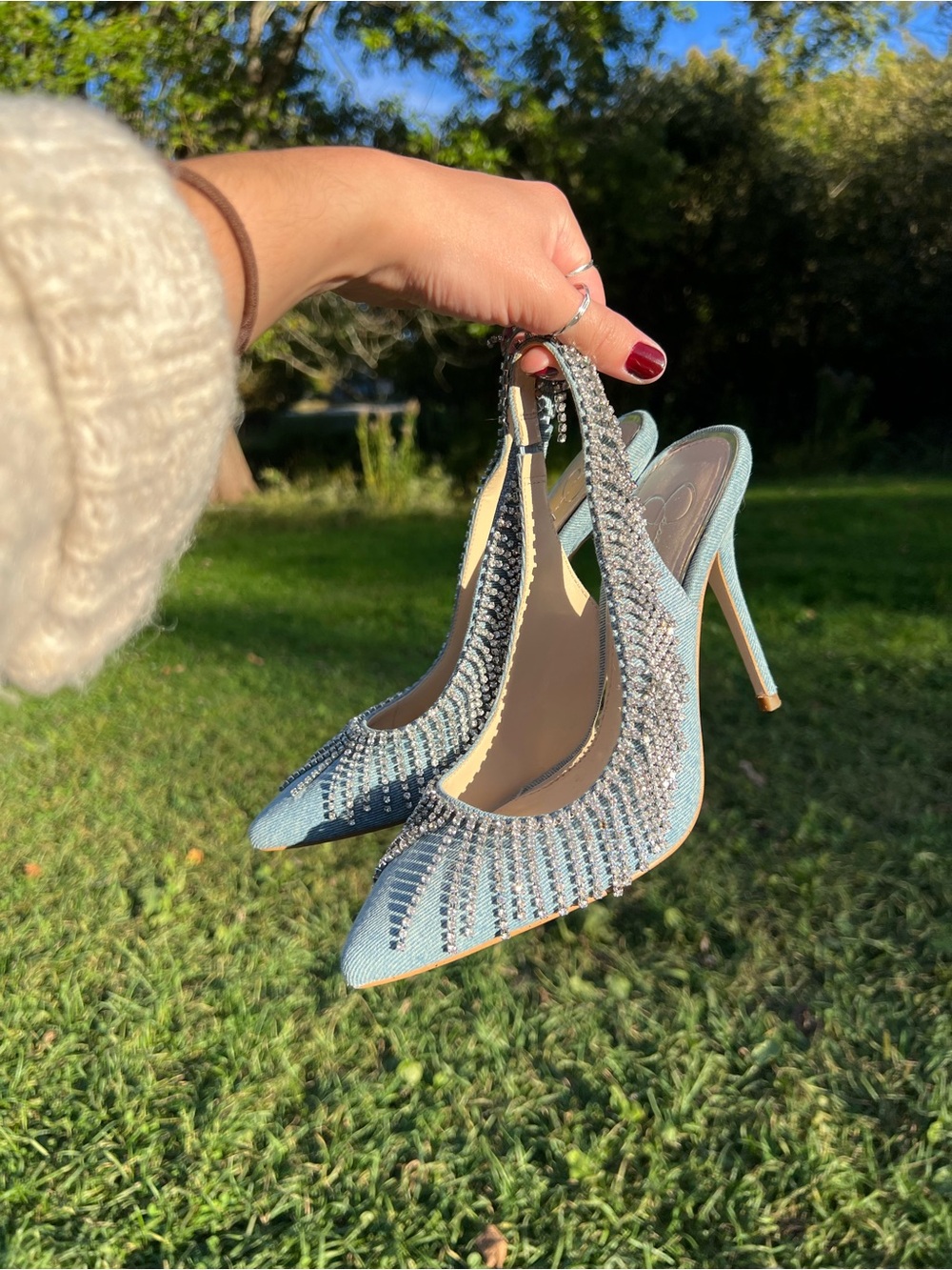 Jessica Simpson - Denim Fringe Embellished Light Blue Slingback Stiletto Heels